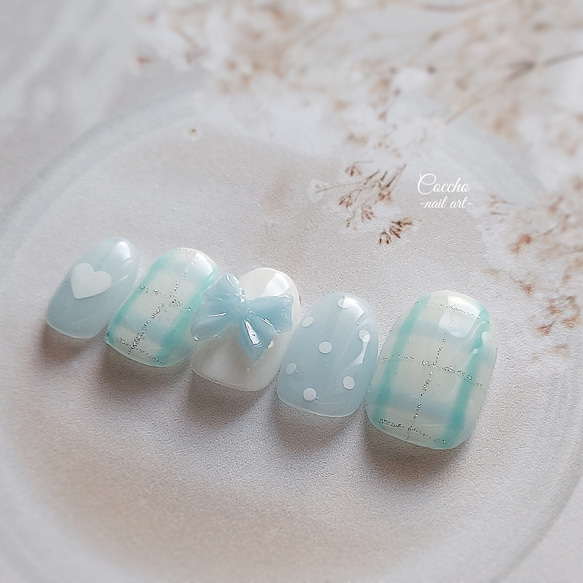 【No.013】ネイルチップ♡チェック柄♡ハート♡リボン♡ブルー系 No.013】ネイルチップ♡チェック柄♡ハート♡リボン♡ブルー系 No.013