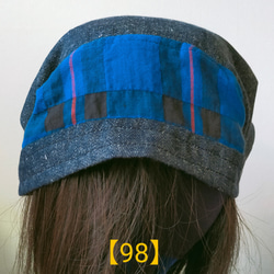 【98】一点物　医療帽子　ケア帽子　バンダナキャップ〈チェック&やわらかデニム〉#新作 2枚目の画像