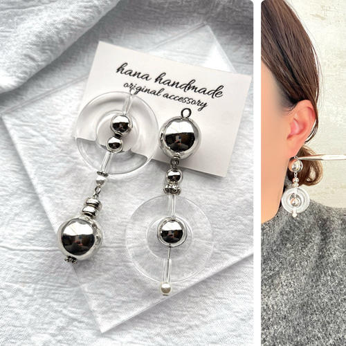 再販】シルバー × クリア ドーナツ アシンメトリー ピアス イヤリング