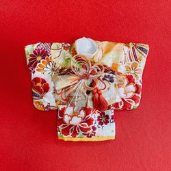 即納✨犬の着物✨犬用本格振袖着物 XS 赤 正絹 一点物 犬の着物✨犬用本格振袖着物 XS 京友禅 金彩入り正絹 オレンジ×赤系