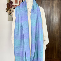 【ちえ様　ご予約品】再販　ベビーアルパカ手織りロングストール（くすみカラーのピーコックグリーン×ブルーパープル） 8枚目の画像