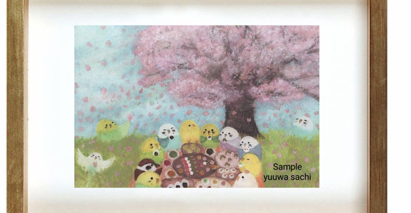 インコポストカード3枚  『お花見団子とインコたち』 2枚目の画像