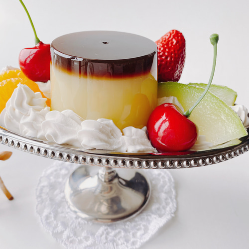 ゆずプリンアラモード　食品サンプル リアルサイズのプリンアラモードの食品サンプルを製作しました