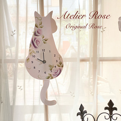 ♡手描きの薔薇　可愛い白猫の振り子時計#アトリエRose一番人気！#プレゼントに最適です♪#春の贈り物 2枚目の画像