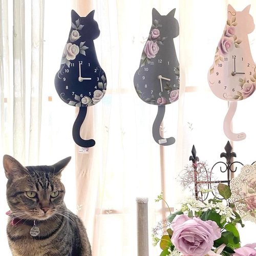♡2月22日ネコの日！しっぽが揺れる♪手描きの薔薇 可愛い猫の振り子