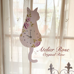 ♡母の日プレゼントに　手描きの薔薇　可愛い猫の振り子時計#アイボリー#グレー#アトリエRose一番人気！♪#春の贈り物 4枚目の画像