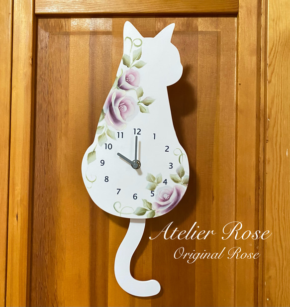 ♡手描きの薔薇　可愛い白猫の振り子時計#アトリエRose一番人気！#プレゼントに最適です♪#春の贈り物 3枚目の画像
