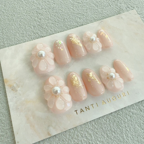 高級 ぷっくりフラワー 4本 ネイルチップ 花 立体感 ピンク色 花模様