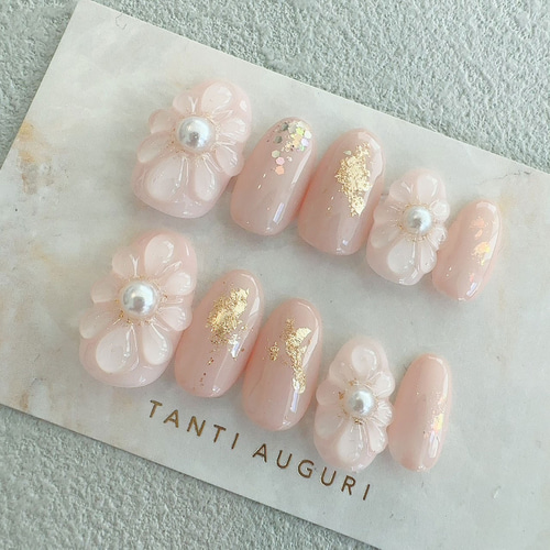 高級 ぷっくりフラワー 4本 ネイルチップ 花 立体感 ピンク色 花模様