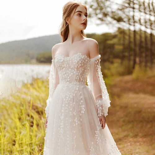 ボリューム袖 取り外し可 花レース ウェディングドレス 前撮り 二次会  