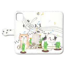 (iPhone用)トロンボーン猫の手帳型スマホケース(猫草) 1枚目の画像