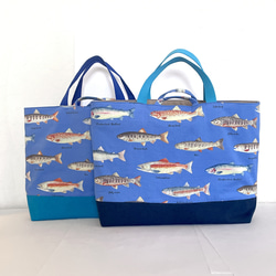大きめサイズ　淡水魚レッスンバック　ブルー/11号帆布ブルー切替　35×45 ループからバッグ底35cm対応 13枚目の画像