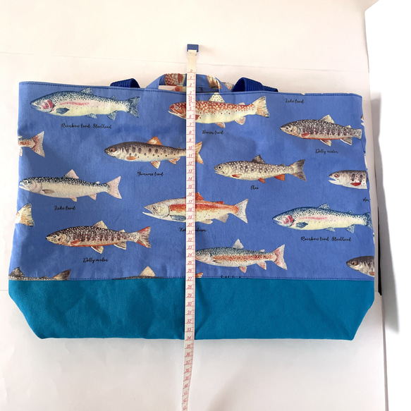 大きめサイズ　淡水魚レッスンバック　ブルー/11号帆布ブルー切替　35×45 ループからバッグ底35cm対応 11枚目の画像
