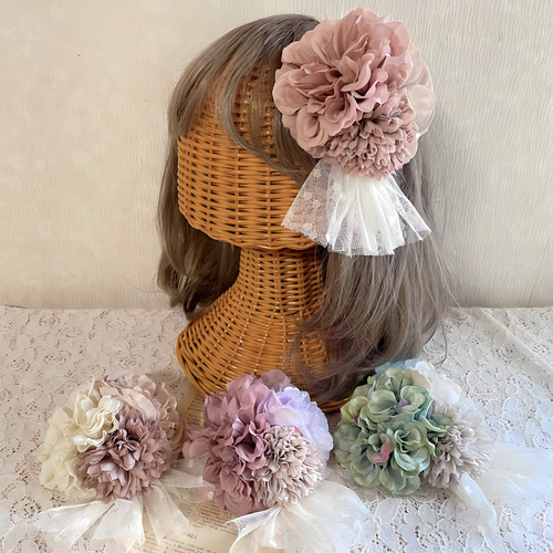 七五三 アンティーク  髪飾り ハンドメイド ヘッドドレス 4color)くすみブーケヘッドドレス 】ヘッドドレス フラワー