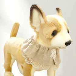 受注製作☆ほっこりナチュラル☆ハーフリネンのレーシーシュシュスタイ刺繍レースフリル/小型犬中型犬猫ペット 6枚目の画像