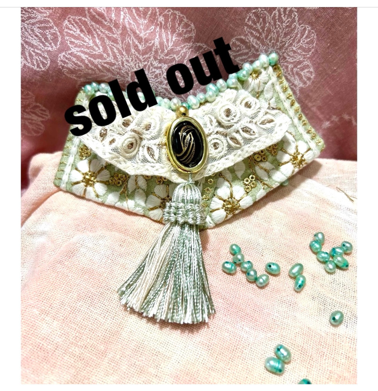 «466» ★完売★髪飾り*淡水パールとインド刺繍リボン*グリーン*ヘアーアレンジ*