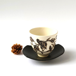小さな碗セット　　葡萄鳥　小碗（茶托付）　陶器 1枚目の画像