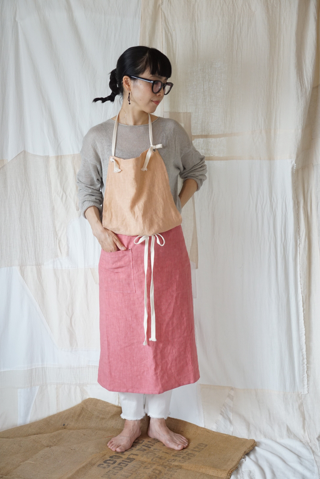 SALE///天日干し linen Apron  two tone〈a〉