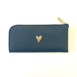 本革スリム長財布◆プチハートシャンパンゴールド(シャドーネイビー)◆軽量でたくさん入るL字長財布 2枚目の画像