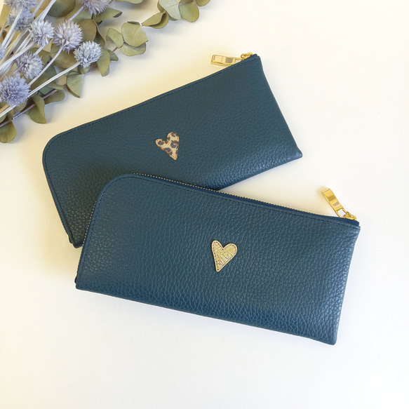 本革スリム長財布◆プチハートシャンパンゴールド(シャドーネイビー)◆軽量でたくさん入るL字長財布 17枚目の画像