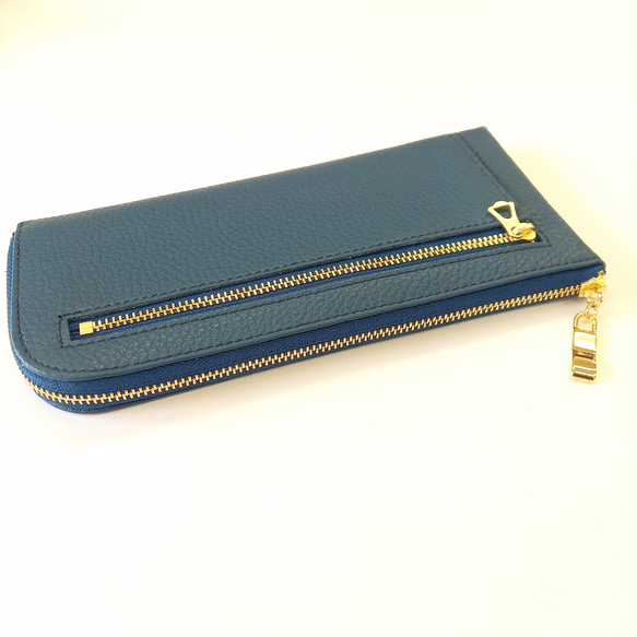 本革スリム長財布◆プチハートシャンパンゴールド(シャドーネイビー)◆軽量でたくさん入るL字長財布 6枚目の画像