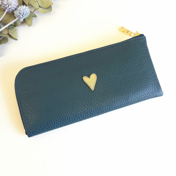本革スリム長財布◆プチハートシャンパンゴールド(シャドーネイビー)◆軽量でたくさん入るL字長財布 1枚目の画像