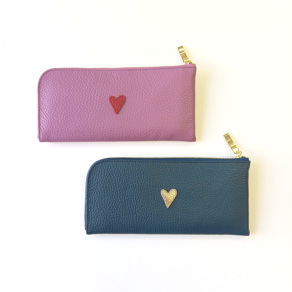 本革スリム長財布◆プチハートシャンパンゴールド(シャドーネイビー)◆軽量でたくさん入るL字長財布 16枚目の画像