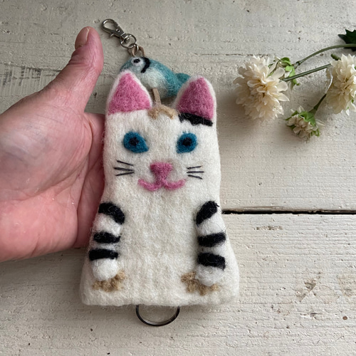 オリジナル 羊毛 フェルト 猫ちゃん 魚 キーケース ハンドメイド キー