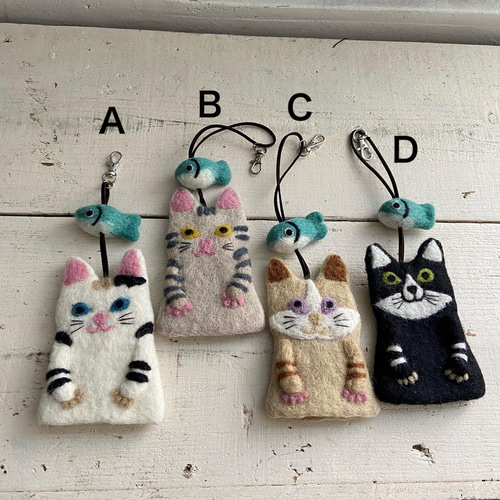 オリジナル 羊毛 フェルト 猫ちゃん 魚 キーケース ハンドメイド キー