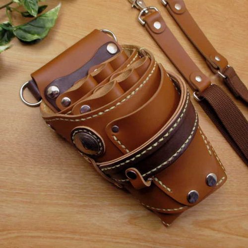 ネイビー＆焦げ茶 6丁差し 革ベルト付 本革シザーケース SCL-154/CNA