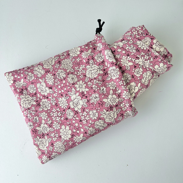 【巾着付き】コットンリネンのエコバッグ・ピンク花柄 9枚目の画像