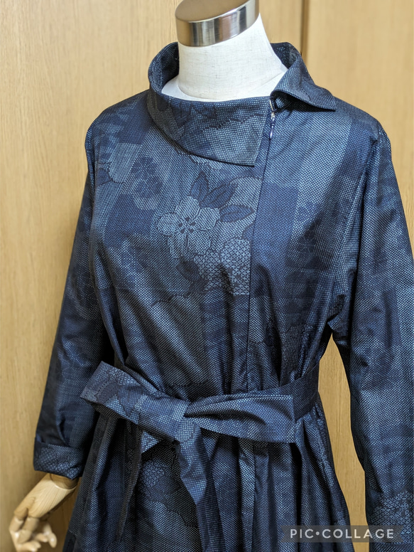 着物リメイク 大島紬 フレアー ワンピース ファスナー付 幾何学柄 L