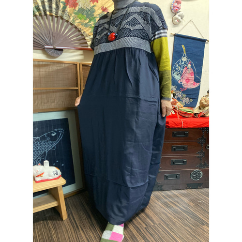 兵児帯(紺色)のワンピース 着物リメイク ワンピース 着物