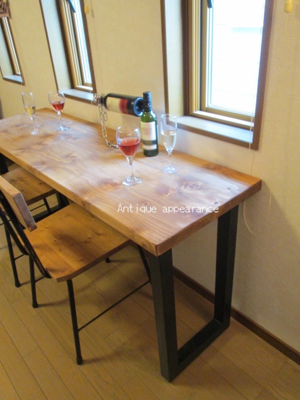 【W1400×D400h1000】ハイ　カウンターテーブル　アンティーク風ダイニングテーブル・角鉄脚アイアン　テーブル 2枚目の画像