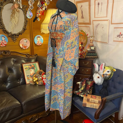 着物 洗える 化繊 ワンピース ドレス ハンドメイド リメイク 名古屋帯サッシュベルト   KW-261 6枚目の画像
