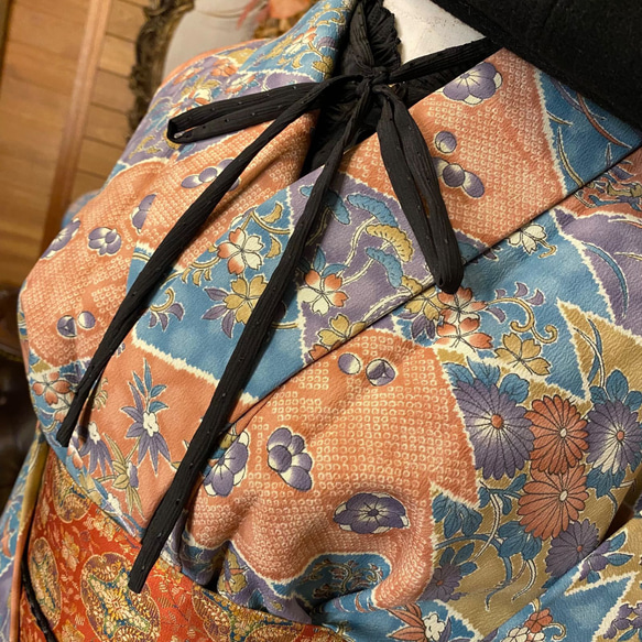 着物 洗える 化繊 ワンピース ドレス ハンドメイド リメイク 名古屋帯サッシュベルト   KW-261 4枚目の画像