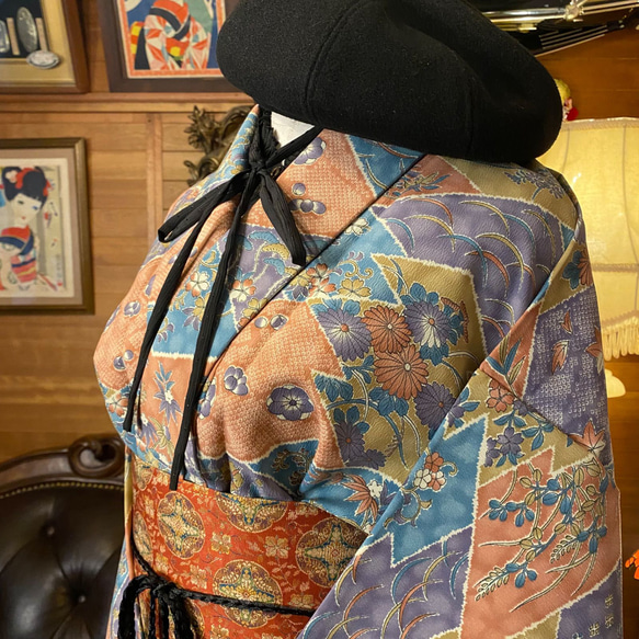 着物 洗える 化繊 ワンピース ドレス ハンドメイド リメイク 名古屋帯サッシュベルト   KW-261 3枚目の画像