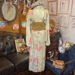 和洋折衷 古着 洗える 化繊 着物 和 ハンドメイド リメイク ワンピース ドレス 帯サッシュベルト KW-262 6枚目の画像