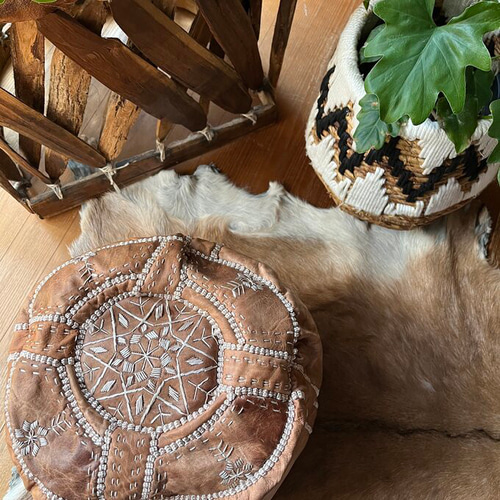 モロッコ直輸入 レザープフ クッション オットマン 円柱タイプ