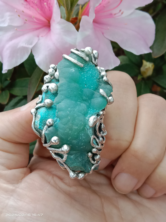 菱鋅礦原礦手工銀戒純銀戒指 ~「Lake」~  Smithsonite Mineral Silver Ring 第6張的照片