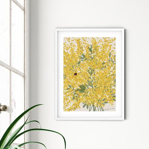 テクスチャーアート　絵画　インテリアアート　立体　花　絵　ミモザ　北欧 大人っぽいミモザの花】エクリュ背景 インテリア アートポスター