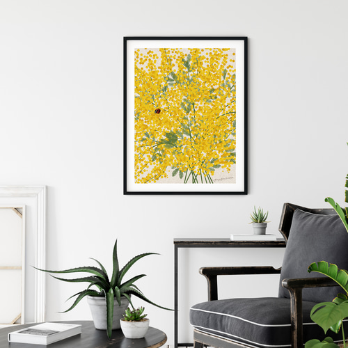 テクスチャーアート　絵画　インテリアアート　立体　花　絵　ミモザ　北欧 大人っぽいミモザの花】エクリュ背景 インテリア アートポスター