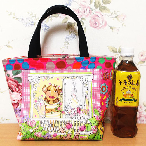 ミニトートバッグ ロラライハリス お花いっぱいお姉さんと猫ちゃん  