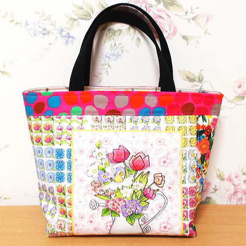 ミニトートバッグ ロラライハリス お花いっぱいお姉さんと猫ちゃん