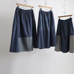新作　８０cm丈　愉快なスカート　パッチワーク　ギャザー　スカート　赤色ステッチ　甘織デニム　コットンシャンブレー　３種 7枚目の画像