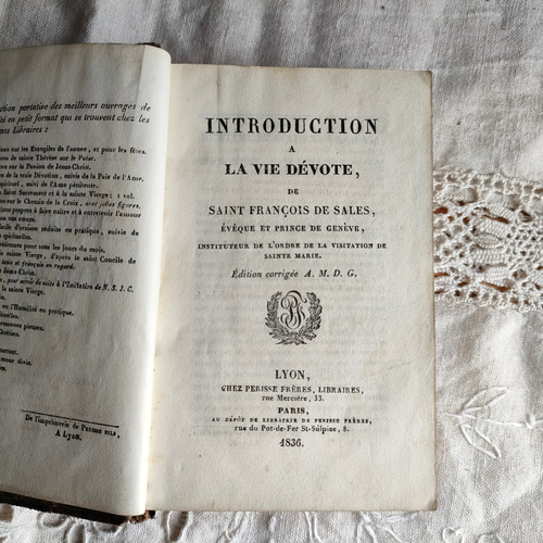 アンティークミニ本】Introduction à la vie dévote ブラウン革箔押し