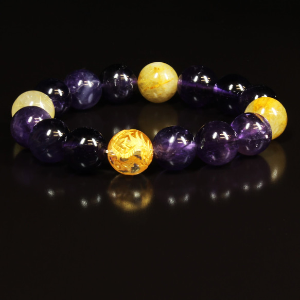 成功を招く数珠】12ミリ 金彫皇帝龍 本水晶 クリスタル アメジスト  