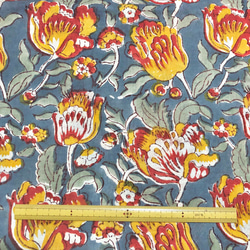 【50cm單位】暗藏青紅黃花印度手工塊印花布料棉質 第6張的照片