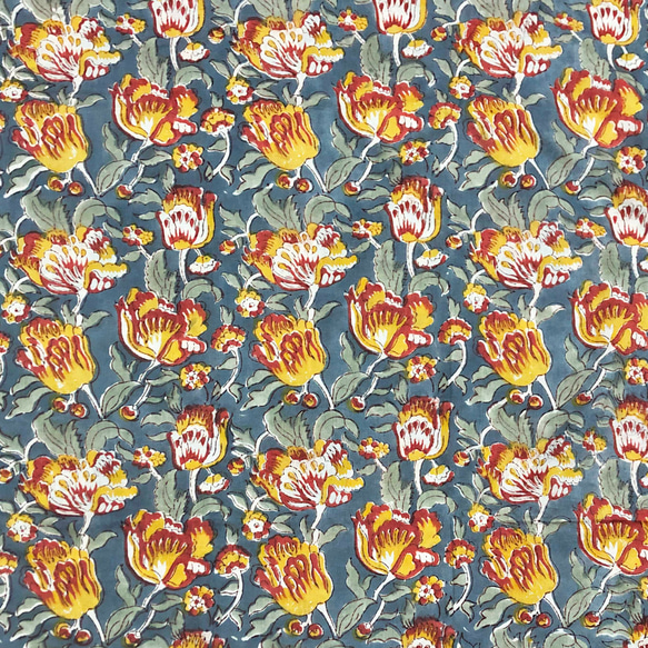 【50cm單位】暗藏青紅黃花印度手工塊印花布料棉質 第4張的照片