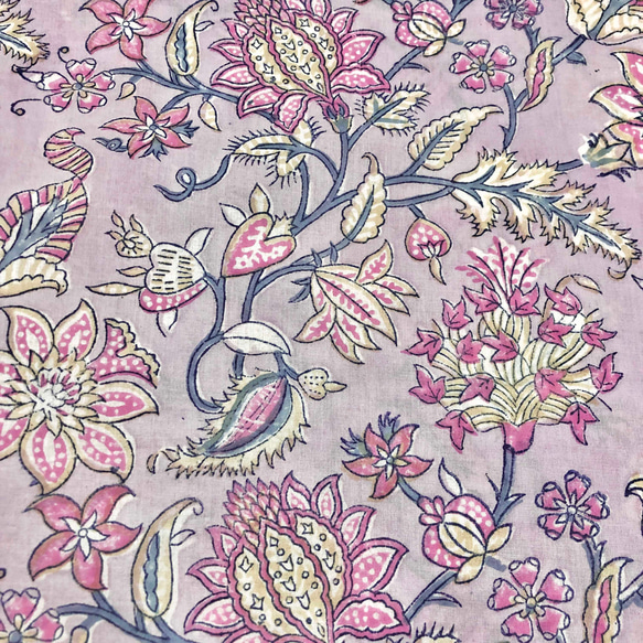 【50cm單位】暗紫色粉紅色花朵印度手工塊印花布料棉質 第2張的照片